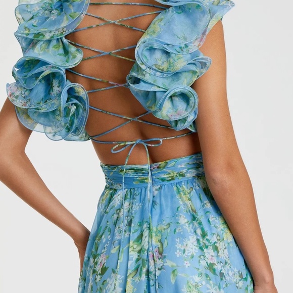 Mac Duggal Blue Ruffle Tiered Floral Cut-Out Chiffon Maxi Gown 67803 NWT - Picture 2 of 12